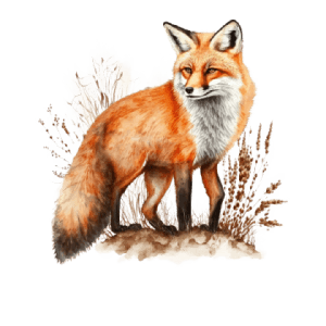 Illustration of a full-body red fox mount standing in grass